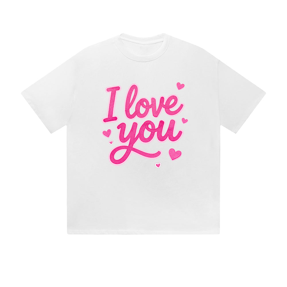Solid Color T-Shirt I Love You Pink Heart Hand Lettering Romantic Text Graphic Print Casual Daily Streetwear Feel lives