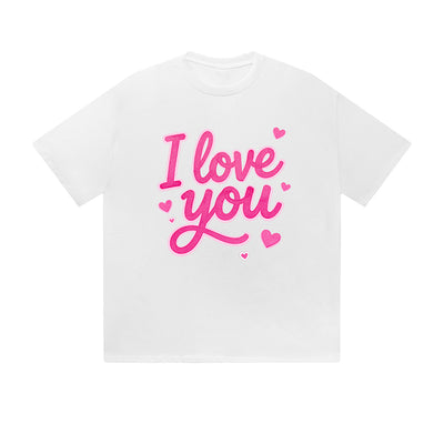Solid Color T-Shirt I Love You Pink Heart Hand Lettering Romantic Text Graphic Print Casual Daily Streetwear Feel lives