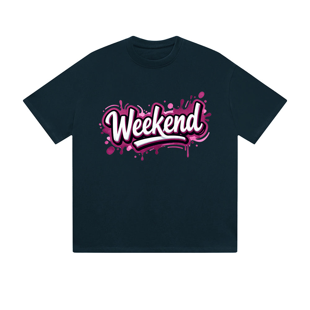 Solid Color T-Shirt Weekend Pink Purple Graffiti Splash Text Graphic Print Casual Daily Streetwear Feel lives