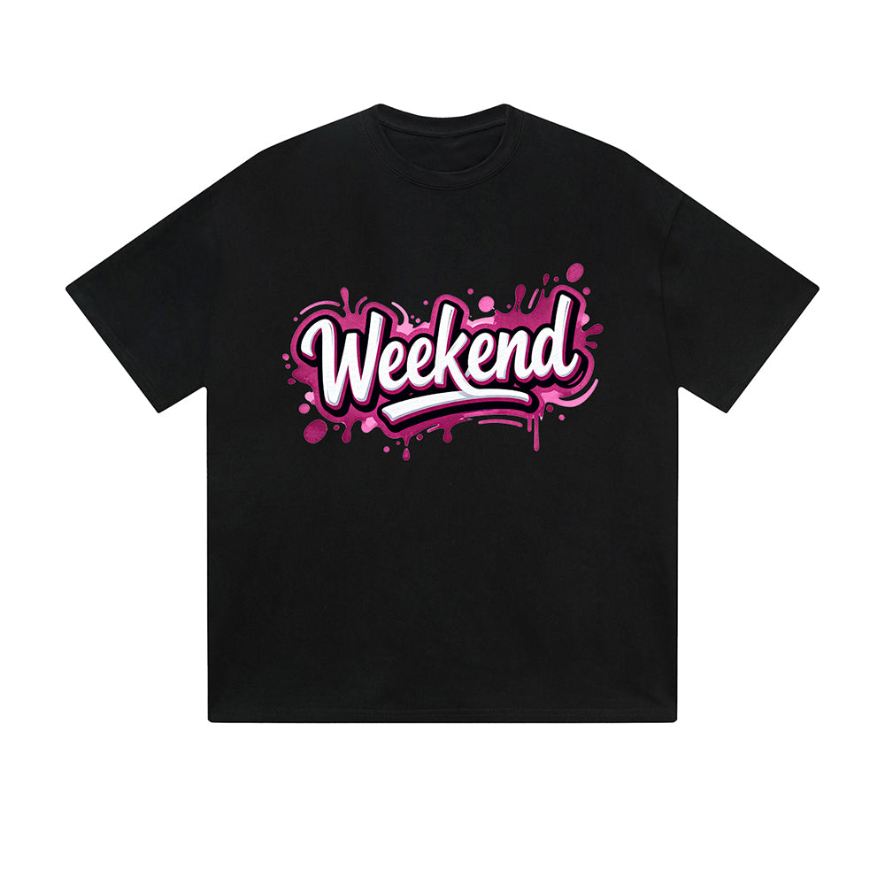 T-shirt uni rose week-end, imprimé graphique graffiti, style streetwear décontracté au quotidien. Sentez-vous bien.