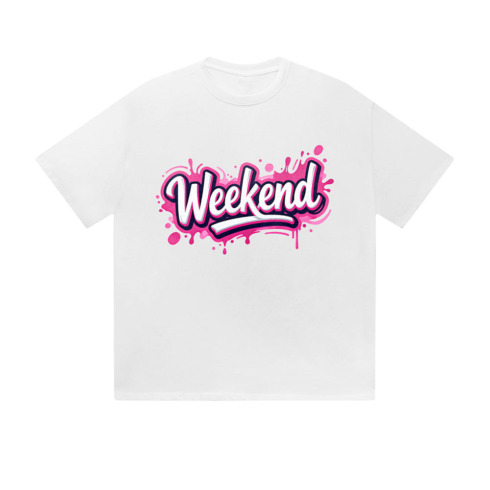 T-shirt uni rose week-end, imprimé graphique graffiti, style streetwear décontracté au quotidien. Sentez-vous bien.