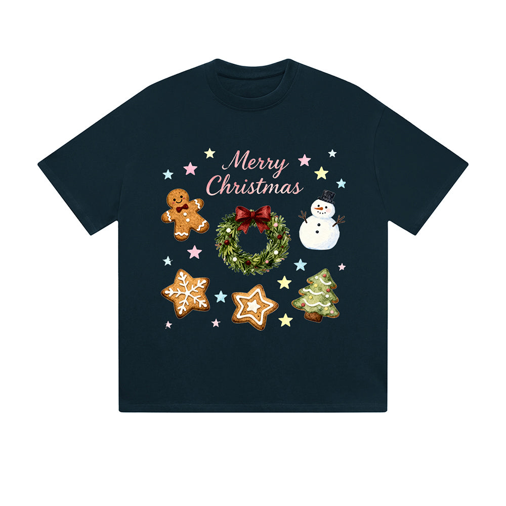 Solid Color T-Shirt Merry Christmas Gingerbread Wreath Snowman Cookie Tree Holiday Graphic Print Casual Daily Streetwear Feel lives