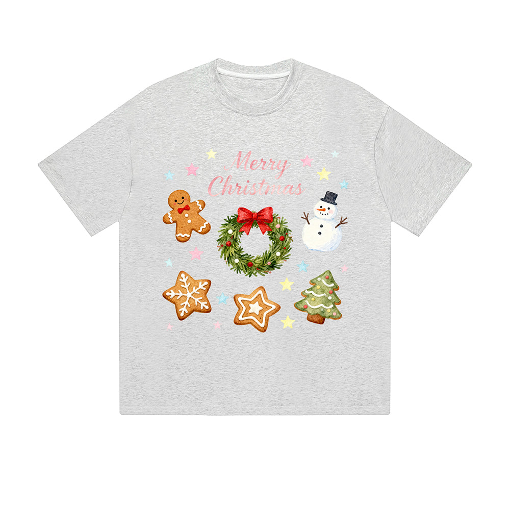 Solid Color T-Shirt Merry Christmas Gingerbread Wreath Snowman Cookie Tree Holiday Graphic Print Casual Daily Streetwear Feel lives