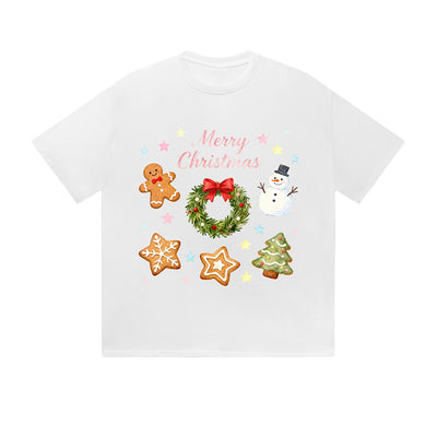 Solid Color T-Shirt Merry Christmas Gingerbread Wreath Snowman Cookie Tree Holiday Graphic Print Casual Daily Streetwear Feel lives
