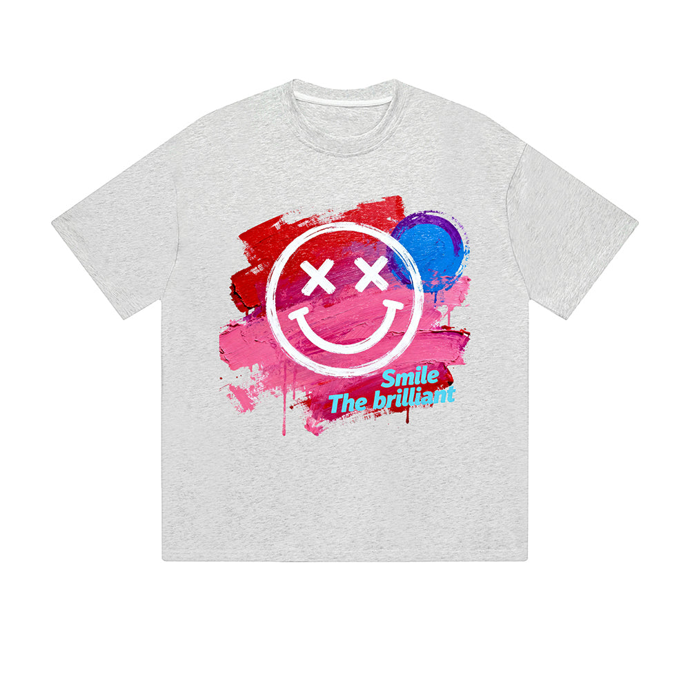 Einfarbiges T-Shirt Lächeln Das brillante Smiley-Gesicht Bunte Farbspritzer Grafikdruck Lässige tägliche Streetwear Gefühl lebt