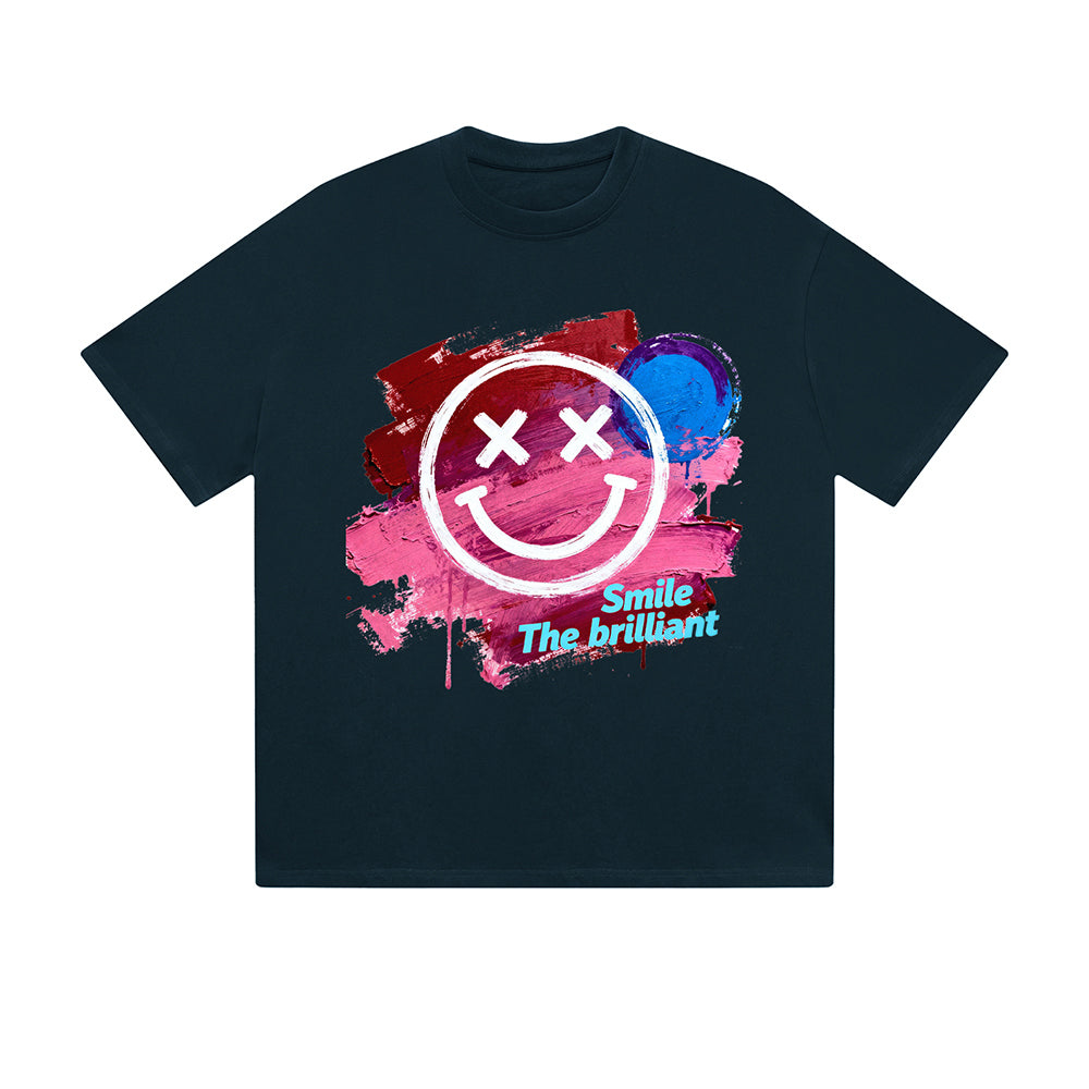Einfarbiges T-Shirt Lächeln Das brillante Smiley-Gesicht Bunte Farbspritzer Grafikdruck Lässige tägliche Streetwear Gefühl lebt