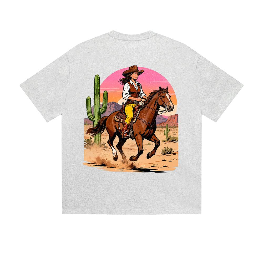 Solid Color T-Shirt Cowgirl Riding Horse Desert Sunset Cactus Western Graphic Print Casual Daily Streetwear Feel lives