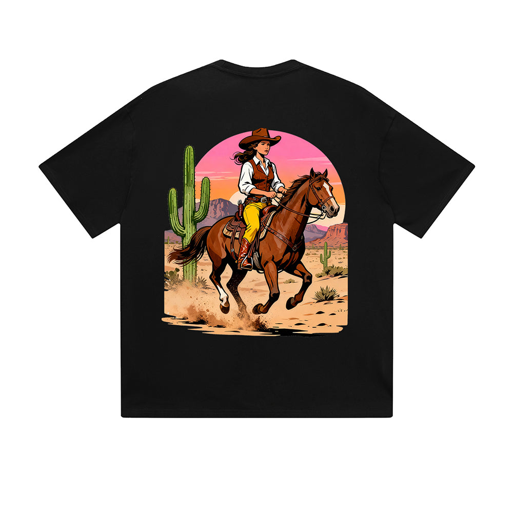 Solid Color T-Shirt Cowgirl Riding Horse Desert Sunset Cactus Western Graphic Print Casual Daily Streetwear Feel lives