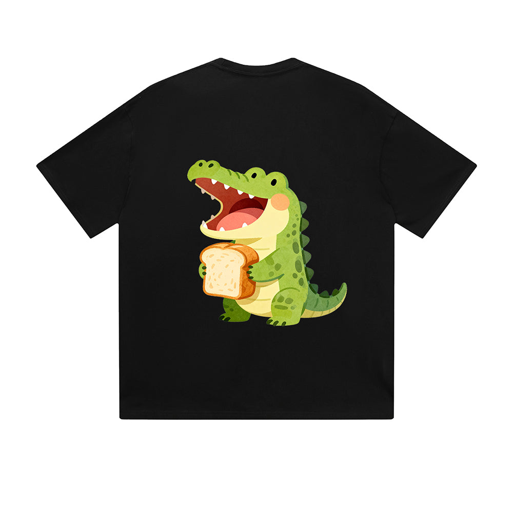 Solid Color T-Shirt Crocodile Eating Sandwich Cute Cartoon Graphic Print Casual Daily Streetwear Feel lives