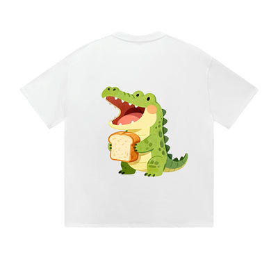 Solid Color T-Shirt Crocodile Eating Sandwich Cute Cartoon Graphic Print Casual Daily Streetwear Feel lives