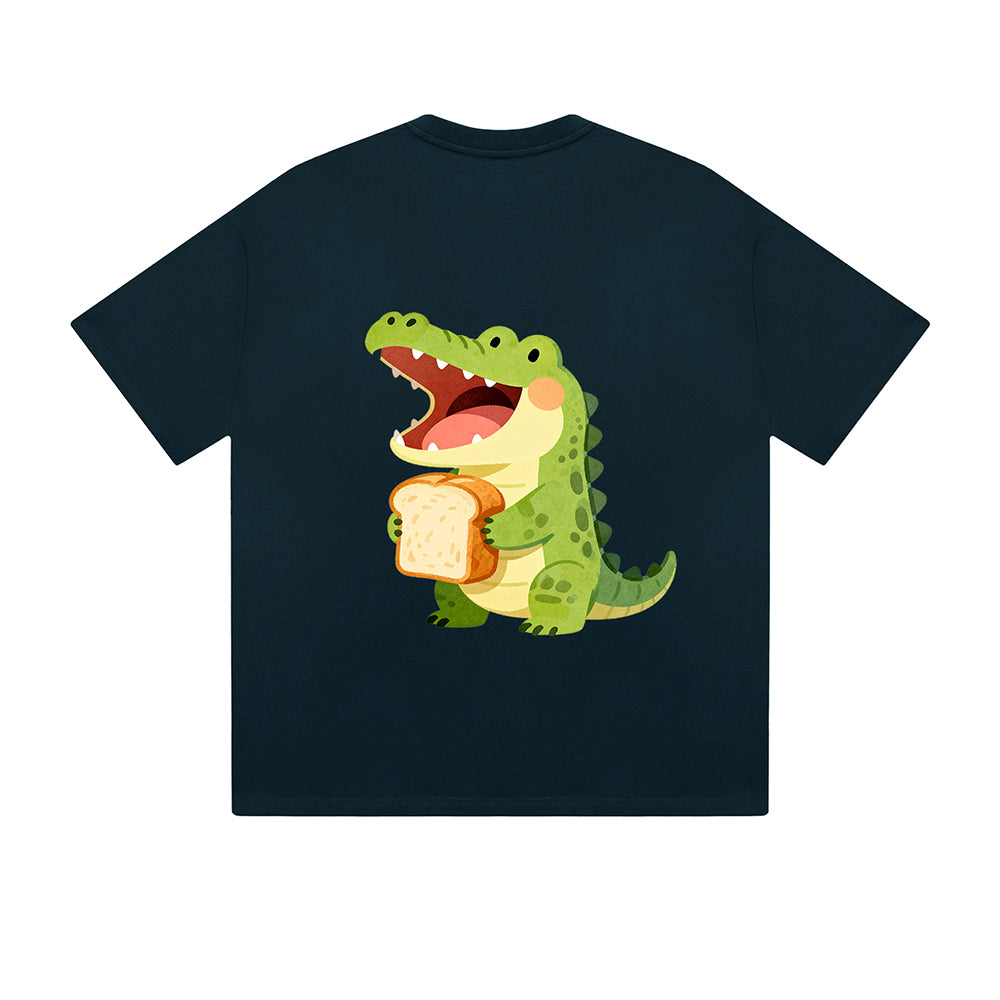 Solid Color T-Shirt Crocodile Eating Sandwich Cute Cartoon Graphic Print Casual Daily Streetwear Feel lives