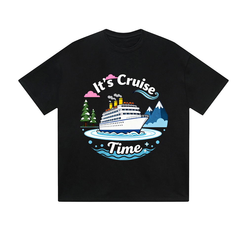 Solid Color T-Shirt It's Cruise Time Ship Ocean Mountain Text Graphic Print Casual Daily Streetwear Feel lives