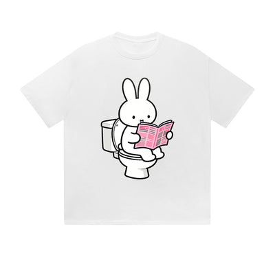 Solid Color T-Shirt Bunny Reading Book Toilet Funny Cartoon Graphic Print Casual Daily Streetwear Feel lives