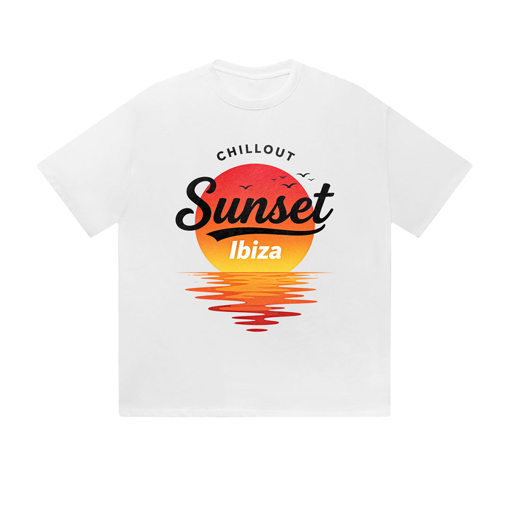 Solid Color T-Shirt Chillout Sunset Ibiza Beach Ocean Text Graphic Print Casual Daily Streetwear Feel lives