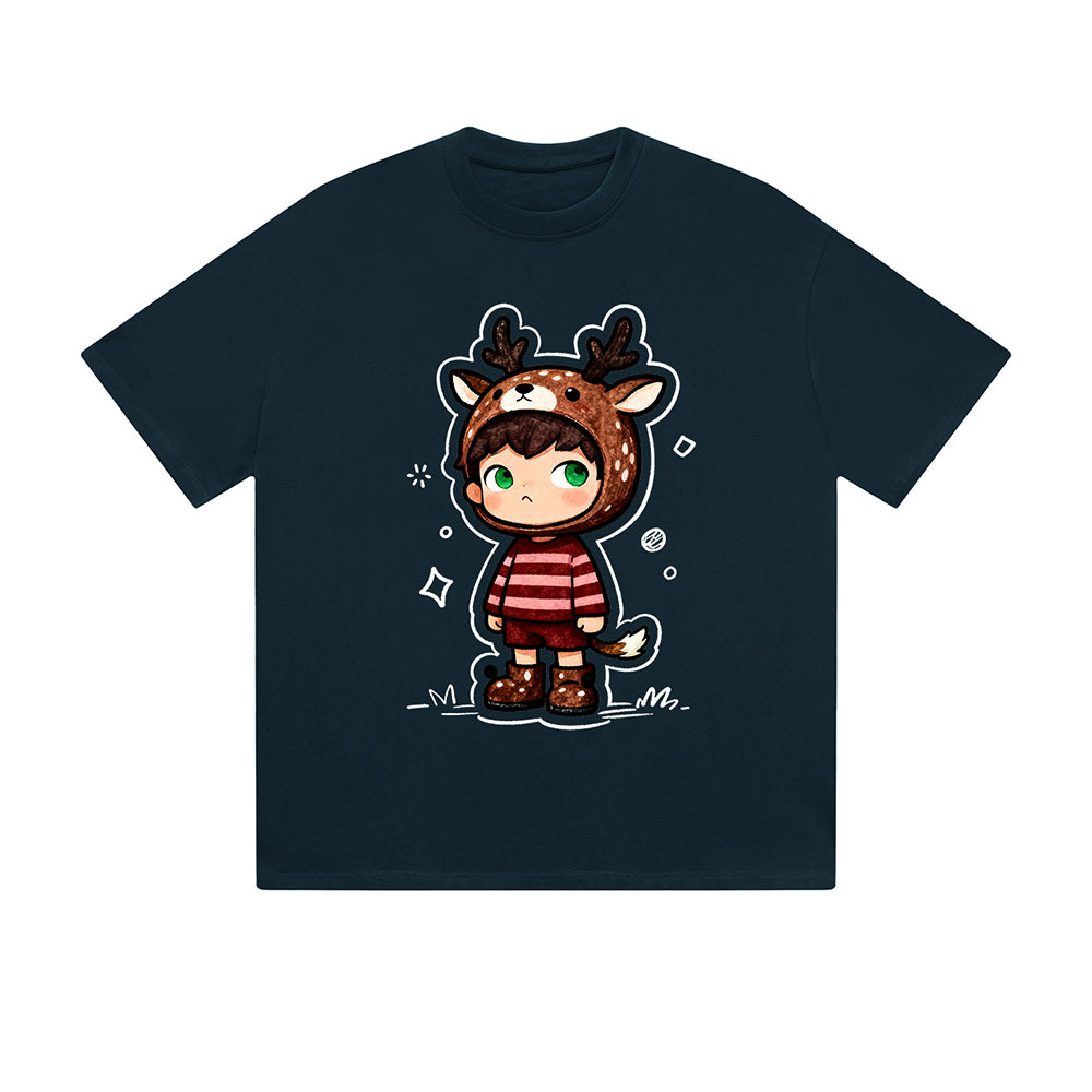Einfarbiges T-Shirt Süßes Kind Reh Kostüm Gestreiftes Outfit Kawaii Cartoon Grafikdruck Lässige Alltagsmode Straßenbekleidung Feel lives