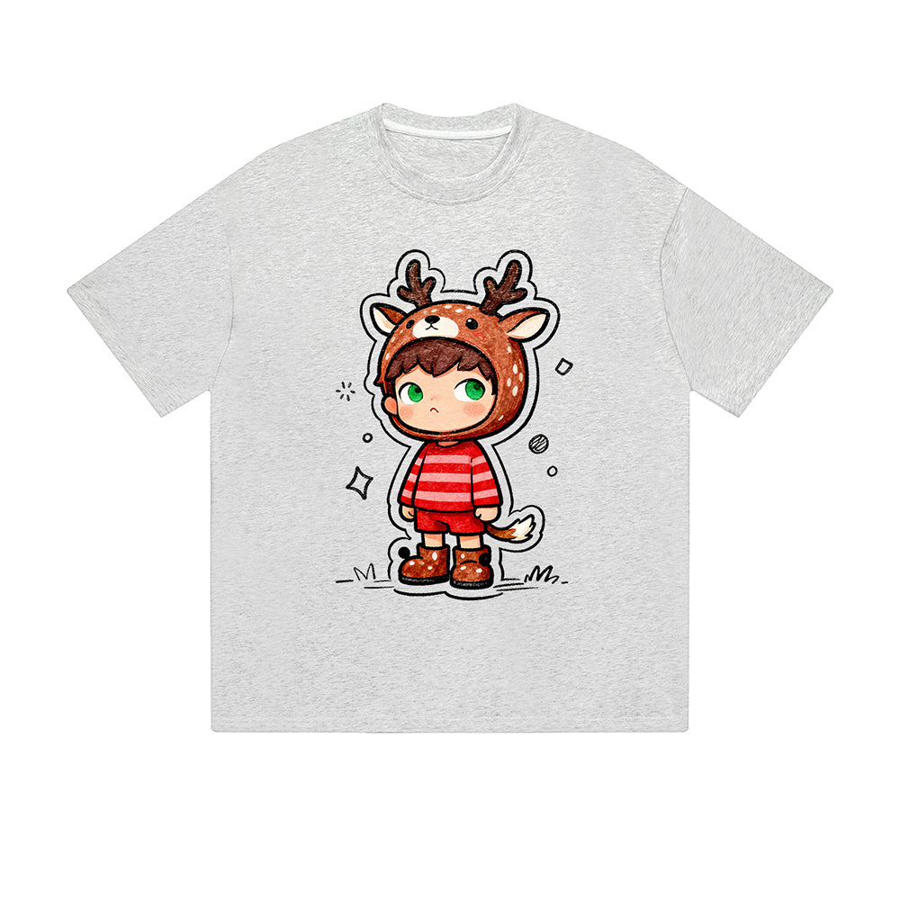 Einfarbiges T-Shirt Süßes Kind Reh Kostüm Gestreiftes Outfit Kawaii Cartoon Grafikdruck Lässige Alltagsmode Straßenbekleidung Feel lives