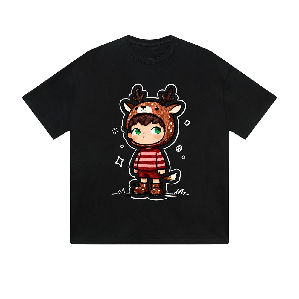 Einfarbiges T-Shirt Süßes Kind Reh Kostüm Gestreiftes Outfit Kawaii Cartoon Grafikdruck Lässige Alltagsmode Straßenbekleidung Feel lives