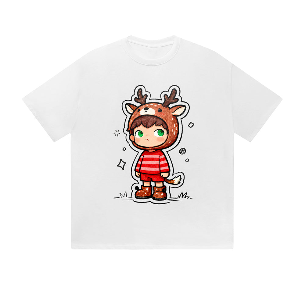 Einfarbiges T-Shirt Süßes Kind Reh Kostüm Gestreiftes Outfit Kawaii Cartoon Grafikdruck Lässige Alltagsmode Straßenbekleidung Feel lives