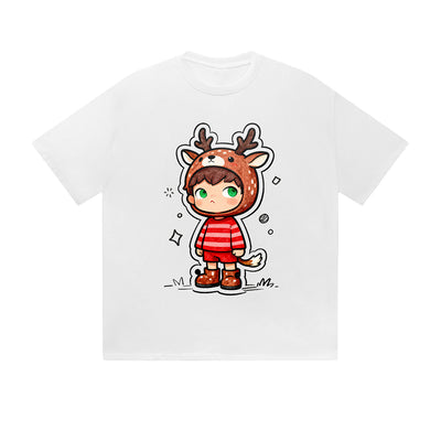 Solid Color T-Shirt Cute Kid Deer Costume Striped Outfit Kawaii Cartoon Graphic Print Casual Daily Streetwear Feel lives