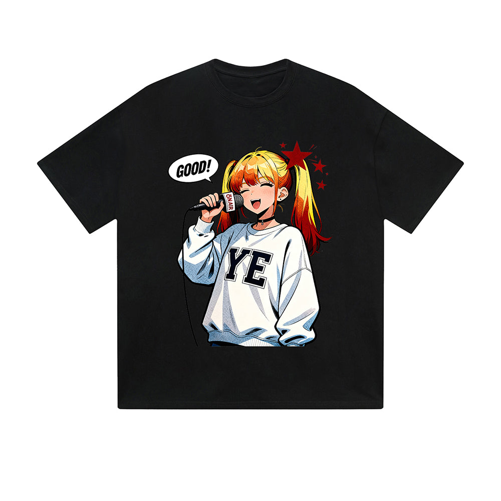 Solid Color T-Shirt Good Anime Girl Singing Microphone YE Hoodie Cartoon Graphic Print Casual Daily Streetwear Feel lives