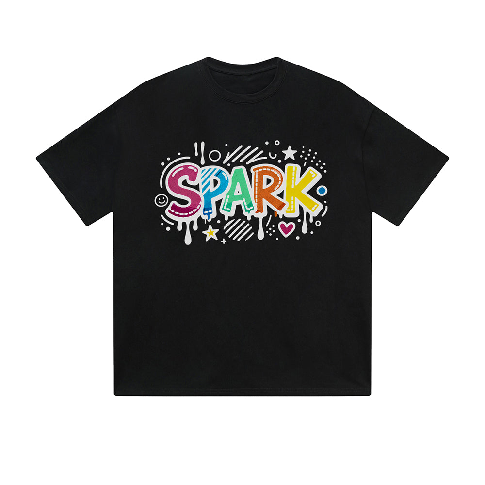 Однотонная футболка Spark с красочным граффити-текстом, звездами и сердцами, графический принт, повседневная уличная одежда, почувствуй жизнь