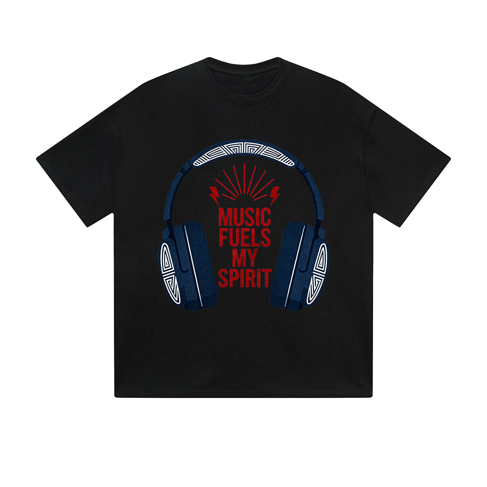 Solid Color T-Shirt Music Fuels My Spirit Headphone Motivational Text Graphic Print Casual Daily Streetwear Feel lives