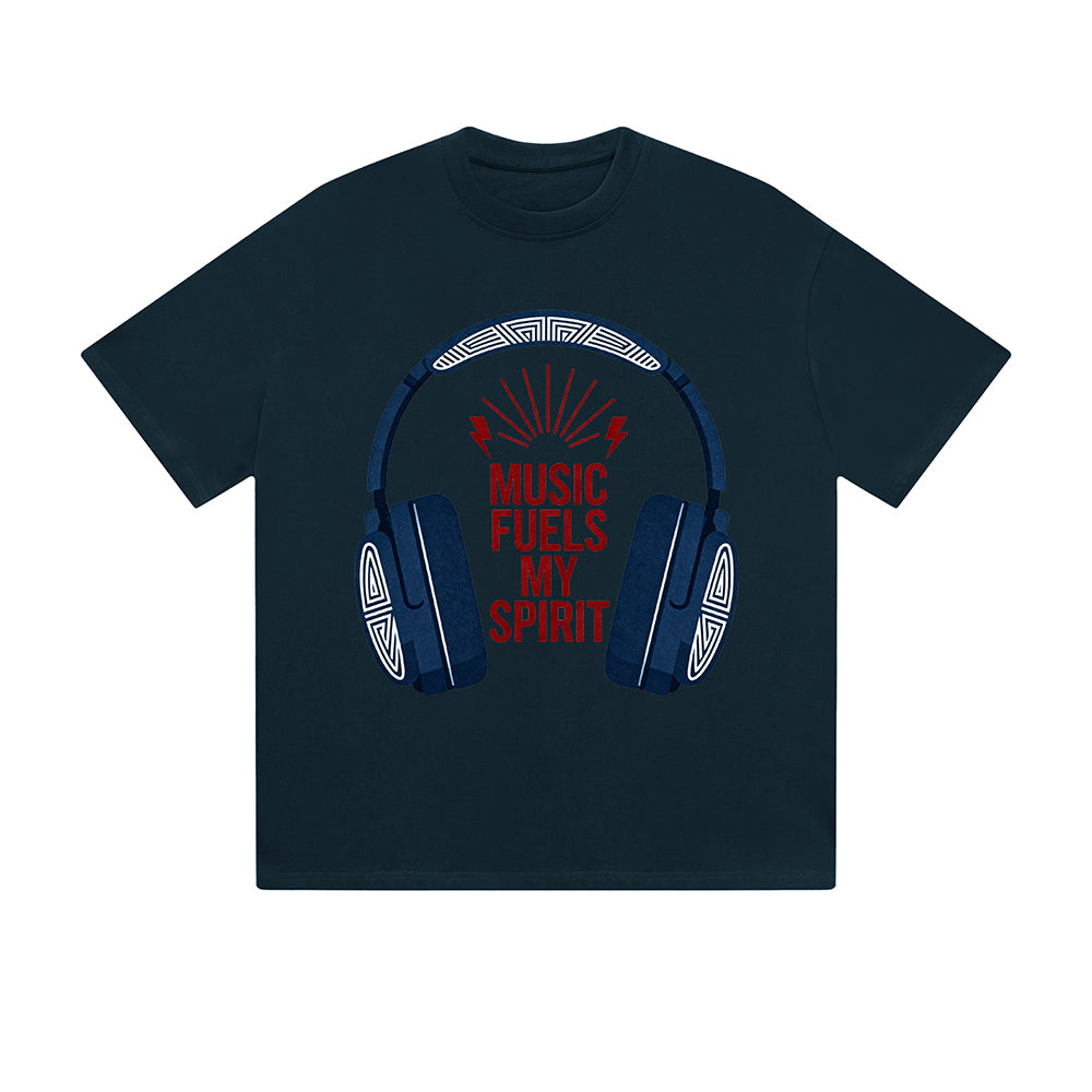 Solid Color T-Shirt Music Fuels My Spirit Headphone Motivational Text Graphic Print Casual Daily Streetwear Feel lives