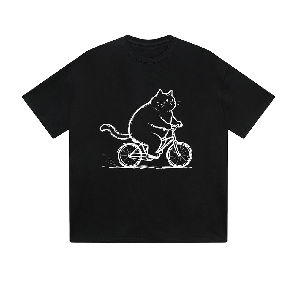 Solid Color T-Shirt Fat Cat Riding Bicycle Sketch Art Funny Cartoon Graphic Print Casual Daily Streetwear Feel lives