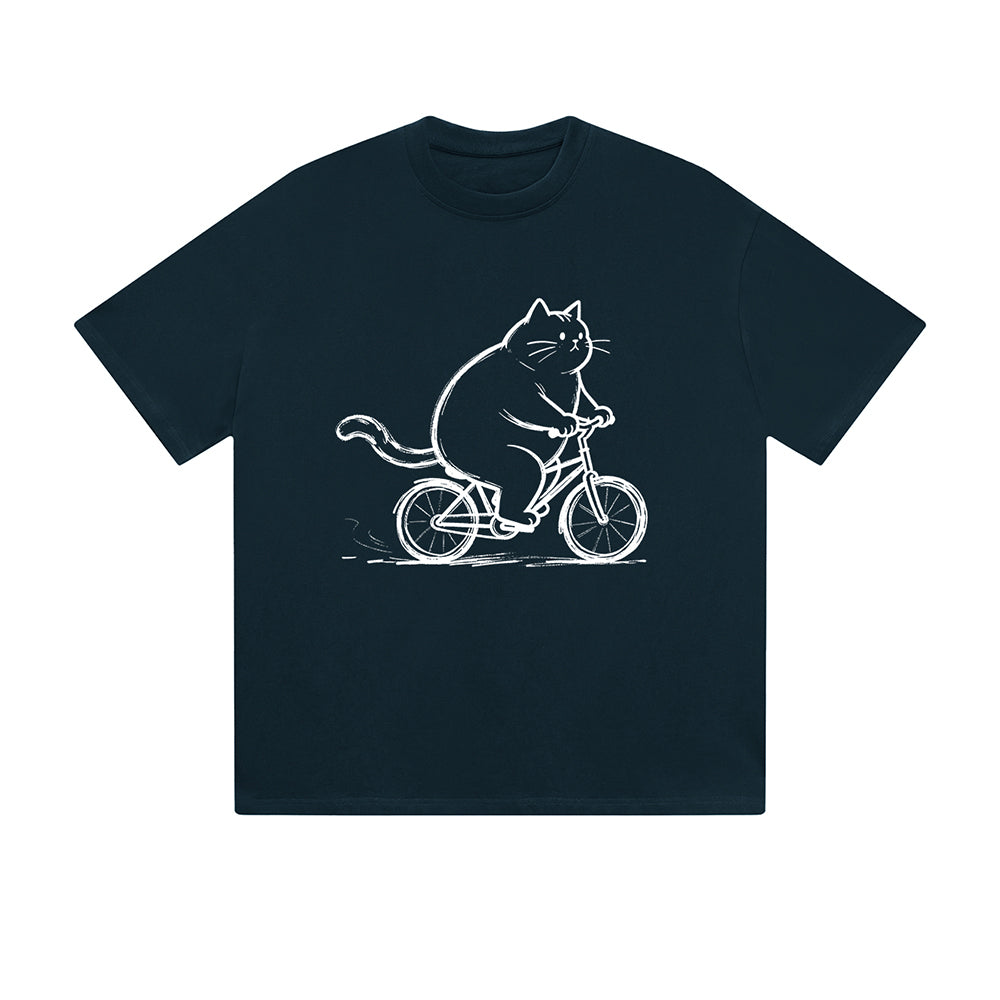 Solid Color T-Shirt Fat Cat Riding Bicycle Sketch Art Funny Cartoon Graphic Print Casual Daily Streetwear Feel lives