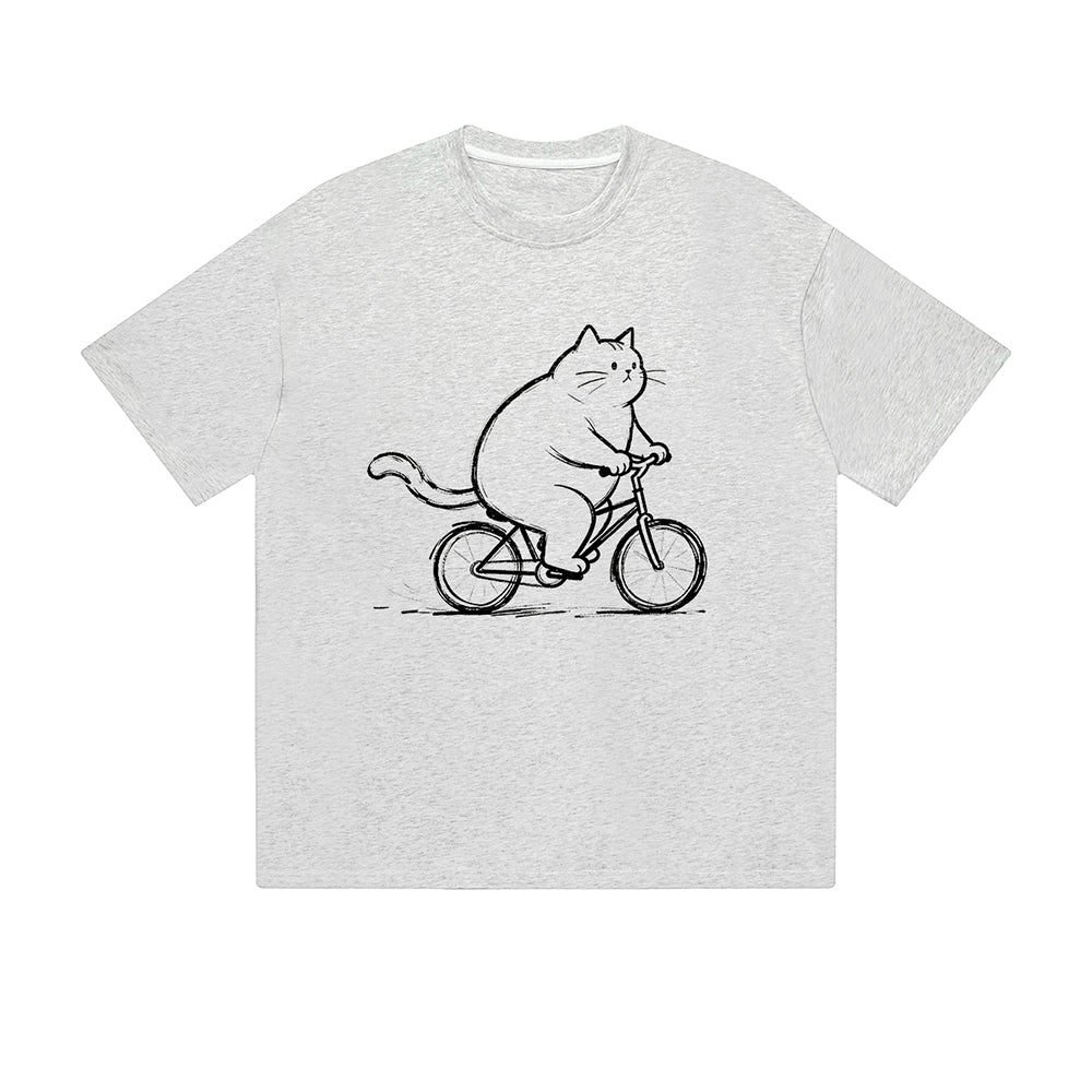 Solid Color T-Shirt Fat Cat Riding Bicycle Sketch Art Funny Cartoon Graphic Print Casual Daily Streetwear Feel lives