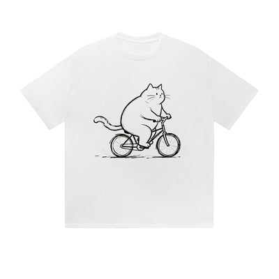 Solid Color T-Shirt Fat Cat Riding Bicycle Sketch Art Funny Cartoon Graphic Print Casual Daily Streetwear Feel lives
