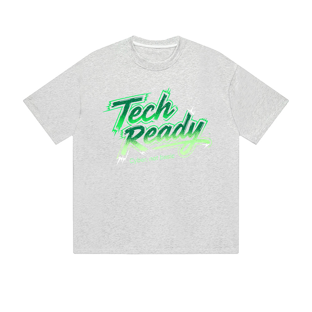 Einfarbiges T-Shirt Tech Ready Grüner Pinseltext Grafikdruck Lässig Alltag Streetwear Gefühl