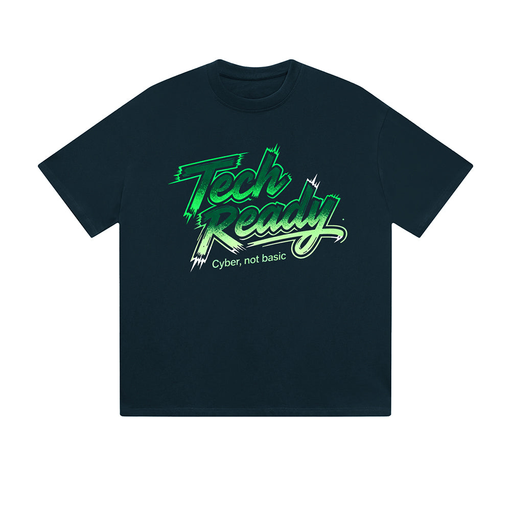 Einfarbiges T-Shirt Tech Ready Grüner Pinseltext Grafikdruck Lässig Alltag Streetwear Gefühl