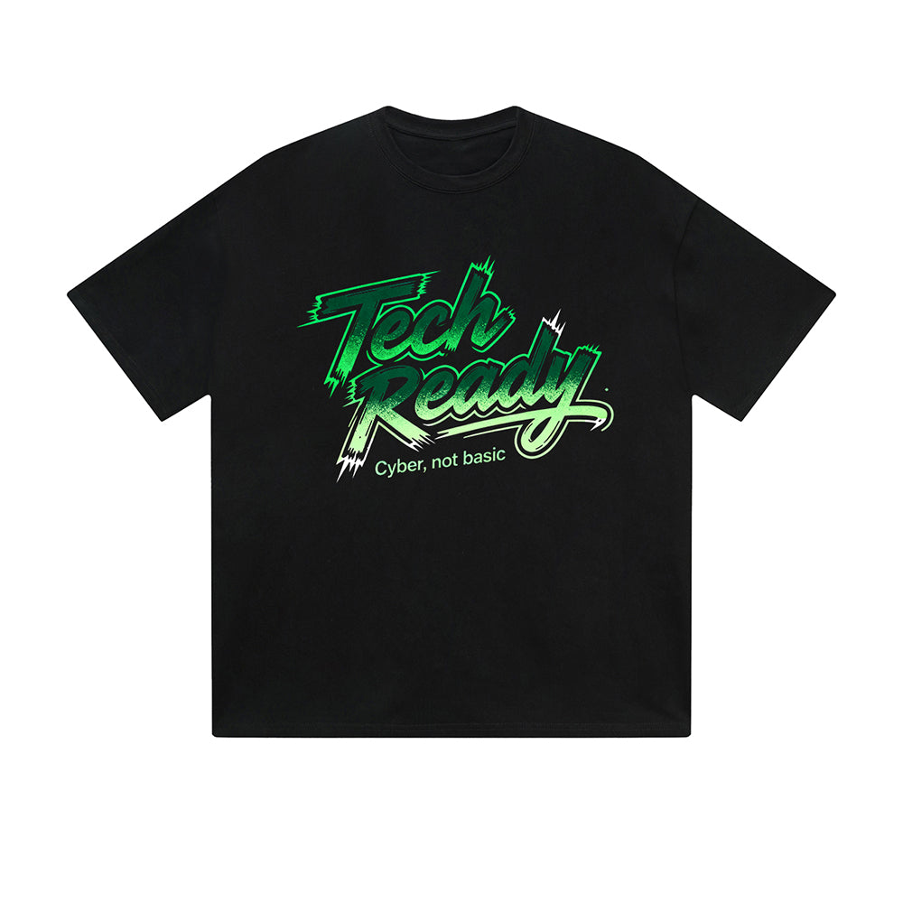 Einfarbiges T-Shirt Tech Ready Grüner Pinseltext Grafikdruck Lässig Alltag Streetwear Gefühl
