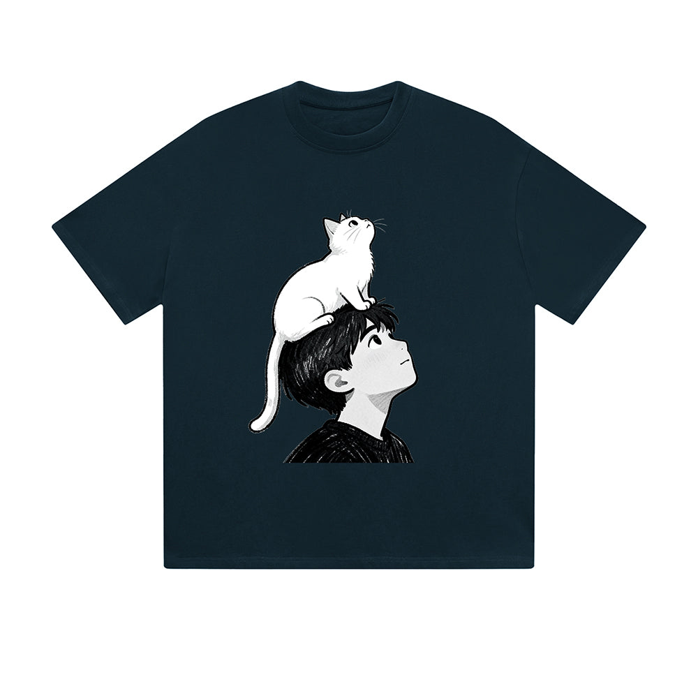 Solid Color T-Shirt Boy Cat Shoulder Sketch Art Minimalist Graphic Print Casual Daily Streetwear Feel lives