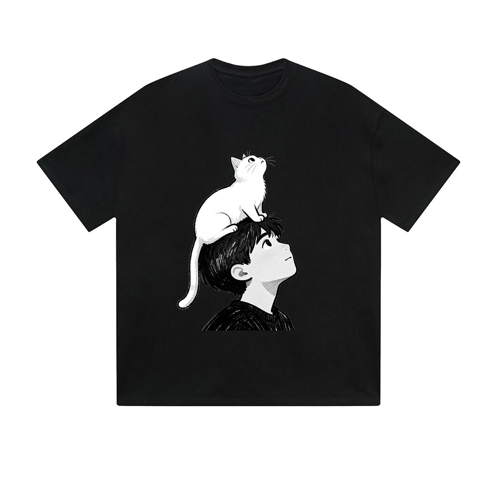 Solid Color T-Shirt Boy Cat Shoulder Sketch Art Minimalist Graphic Print Casual Daily Streetwear Feel lives