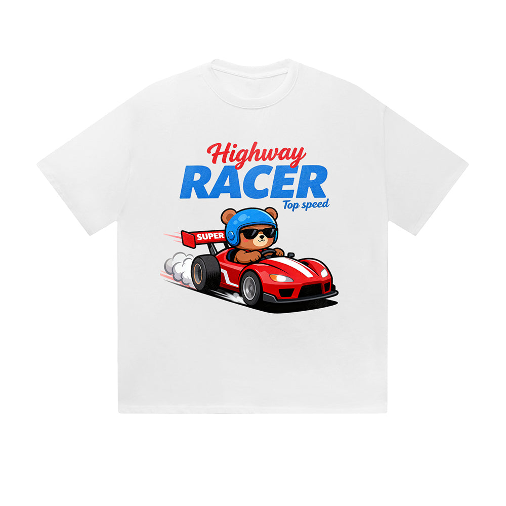 Solid Color T-Shirt Highway Racer Top Speed Bear Racing Car Cartoon Graphic Print Casual Daily Streetwear Feel lives