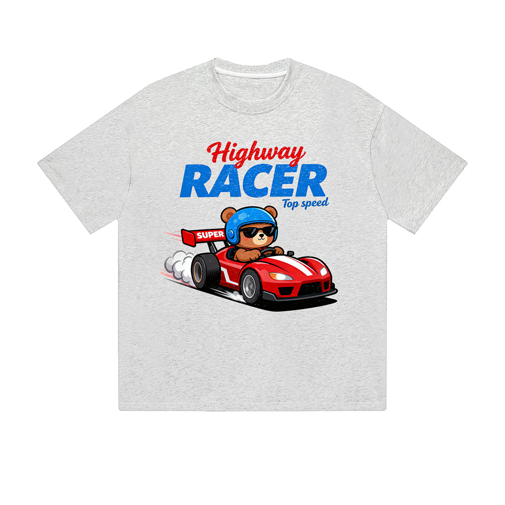 Solid Color T-Shirt Highway Racer Top Speed Bear Racing Car Cartoon Graphic Print Casual Daily Streetwear Feel lives