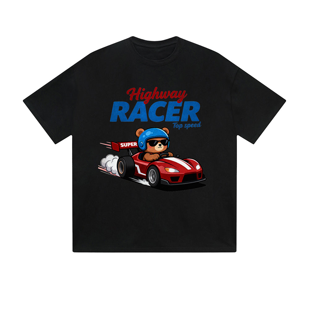 Solid Color T-Shirt Highway Racer Top Speed Bear Racing Car Cartoon Graphic Print Casual Daily Streetwear Feel lives