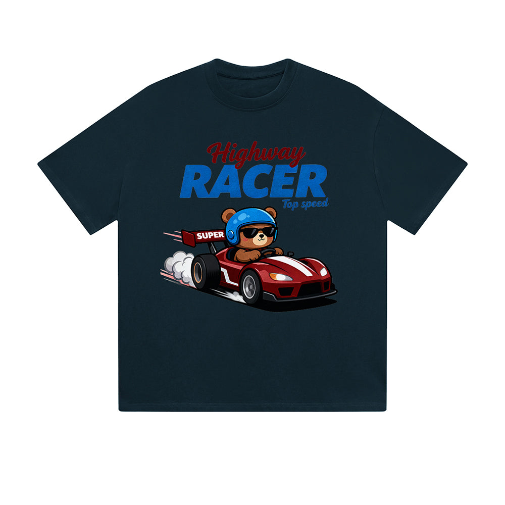 Solid Color T-Shirt Highway Racer Top Speed Bear Racing Car Cartoon Graphic Print Casual Daily Streetwear Feel lives