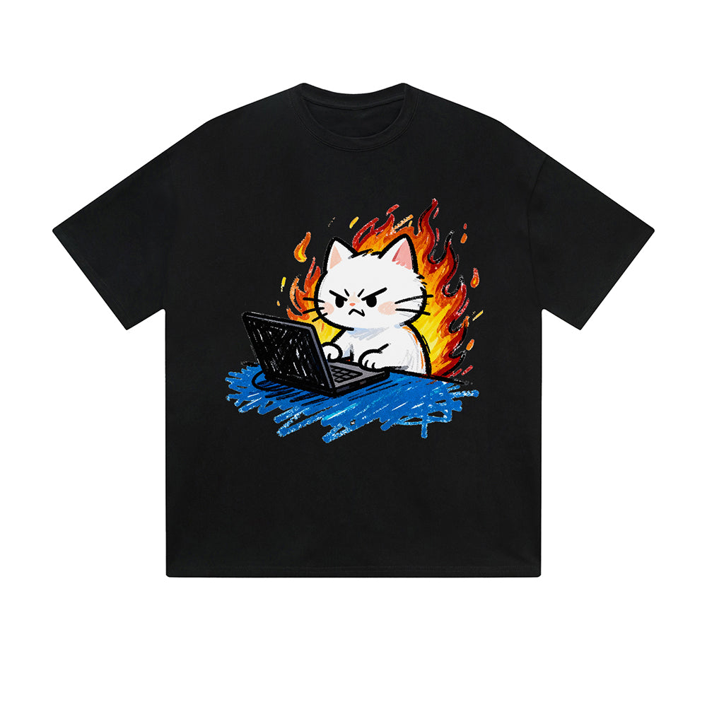Solid Color T-Shirt Angry Cat Laptop Fire Meme Funny Cartoon Graphic Print Casual Daily Streetwear Feel lives