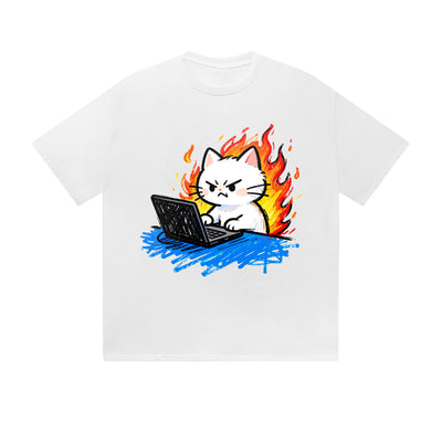 Solid Color T-Shirt Angry Cat Laptop Fire Meme Funny Cartoon Graphic Print Casual Daily Streetwear Feel lives