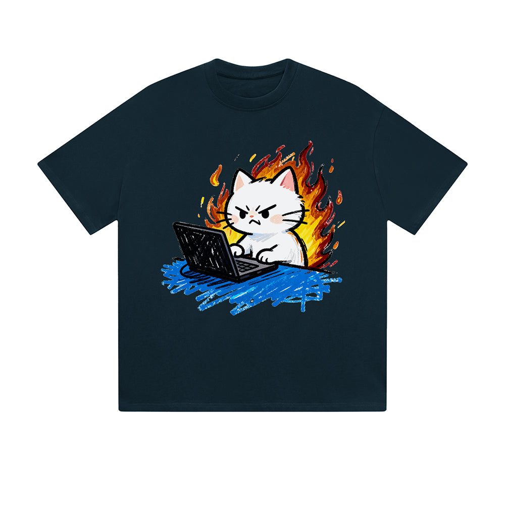 Solid Color T-Shirt Angry Cat Laptop Fire Meme Funny Cartoon Graphic Print Casual Daily Streetwear Feel lives