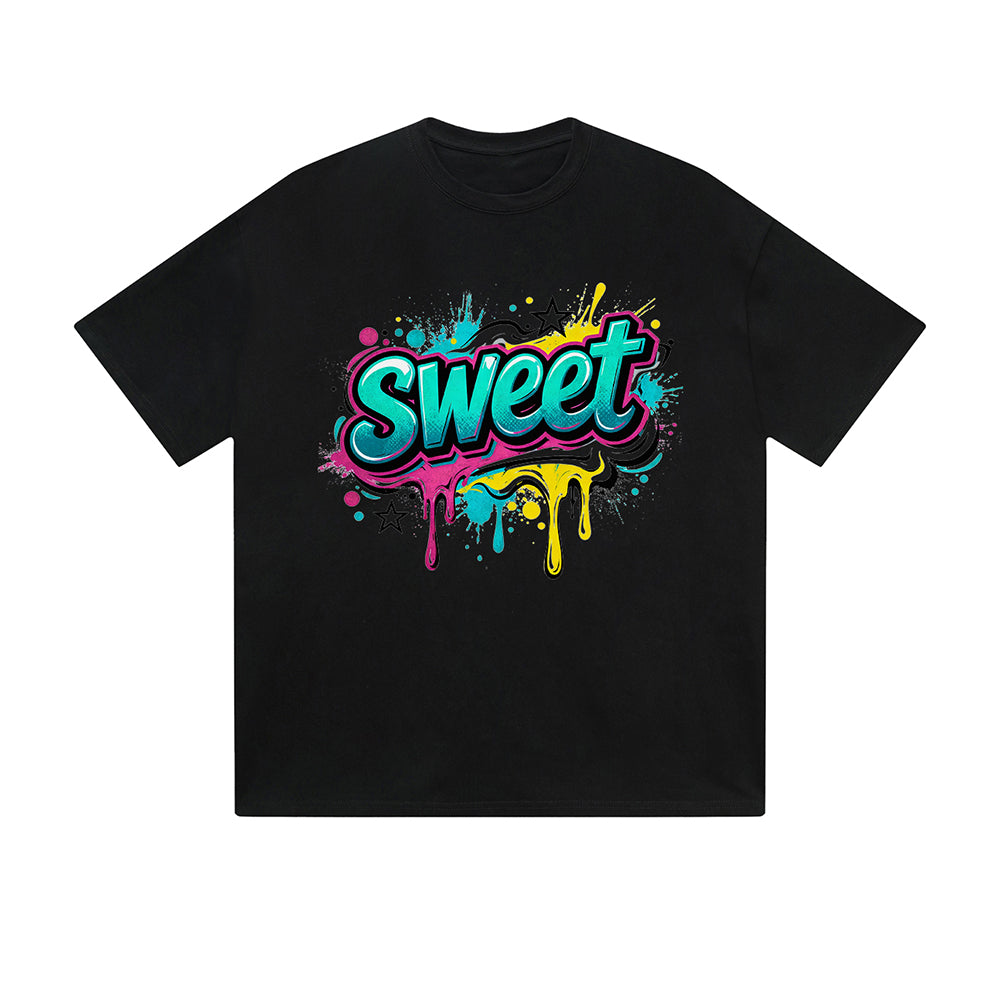 Solid Color T-Shirt Sweet Colorful Drip Graffiti Text Graphic Print Casual Daily Streetwear Feel lives