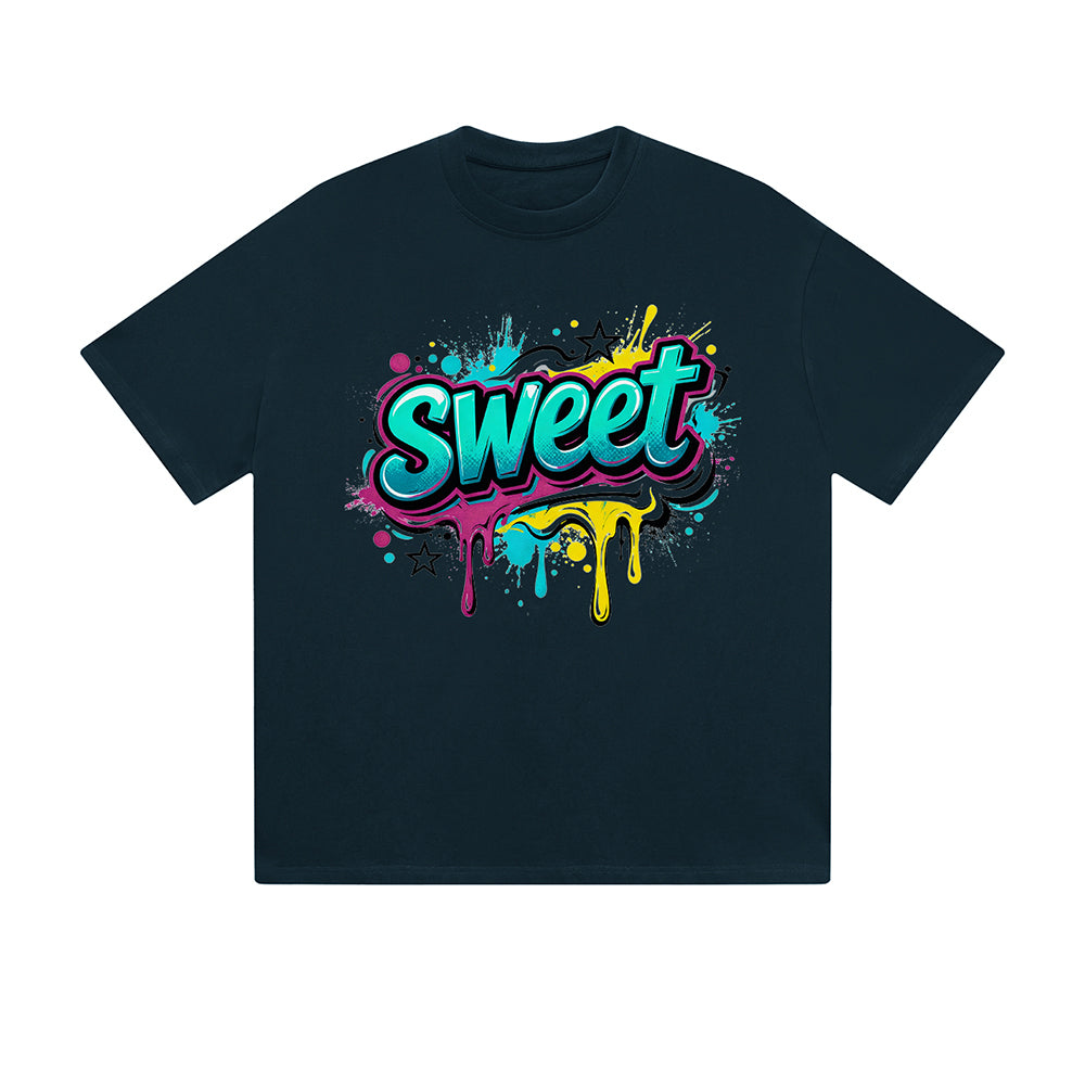 Solid Color T-Shirt Sweet Colorful Drip Graffiti Text Graphic Print Casual Daily Streetwear Feel lives