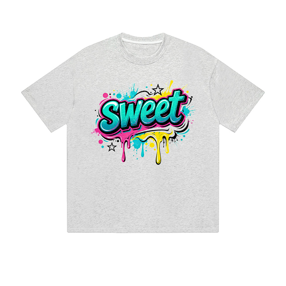 Solid Color T-Shirt Sweet Colorful Drip Graffiti Text Graphic Print Casual Daily Streetwear Feel lives