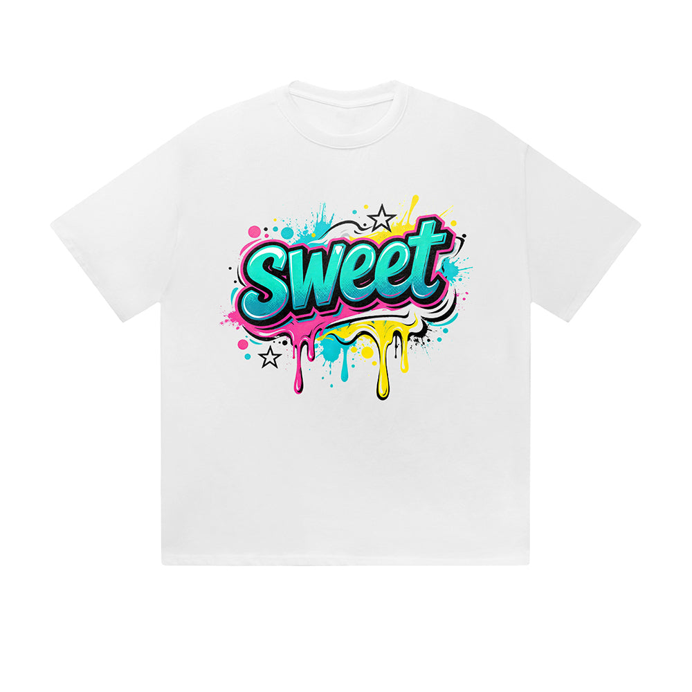 Solid Color T-Shirt Sweet Colorful Drip Graffiti Text Graphic Print Casual Daily Streetwear Feel lives