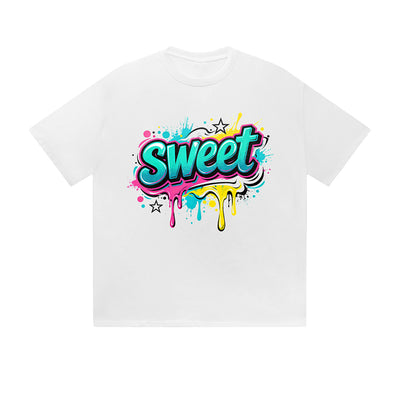 Solid Color T-Shirt Sweet Colorful Drip Graffiti Text Graphic Print Casual Daily Streetwear Feel lives