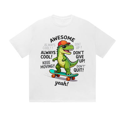 Solid Color T-Shirt Awesome Dinosaur Skateboard Motivational Text Cartoon Graphic Print Casual Daily Streetwear Feel lives