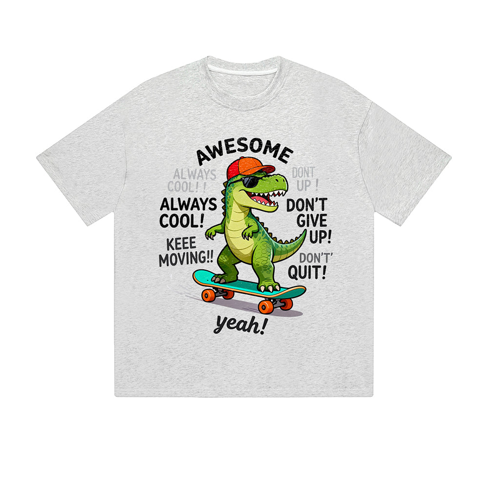 Solid Color T-Shirt Awesome Dinosaur Skateboard Motivational Text Cartoon Graphic Print Casual Daily Streetwear Feel lives